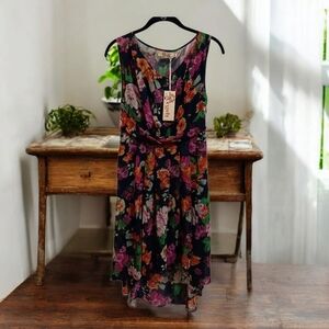 Aryeh Navy, Pink, Green Floral Semi Sheer Hi Low Dress